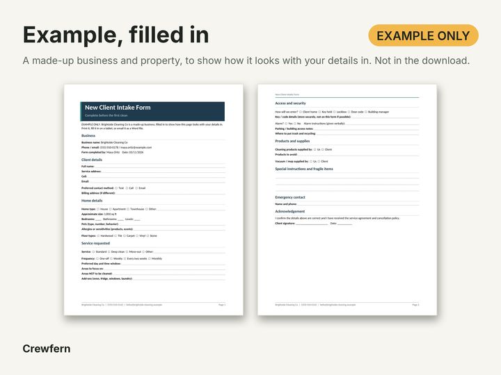 Cleaning Business Documents Pack: Filled-in example